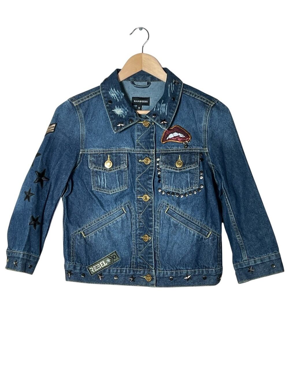 Ranbeeri Denim Jean Jacket with Stud and Patch Details - Blue size small S B120
